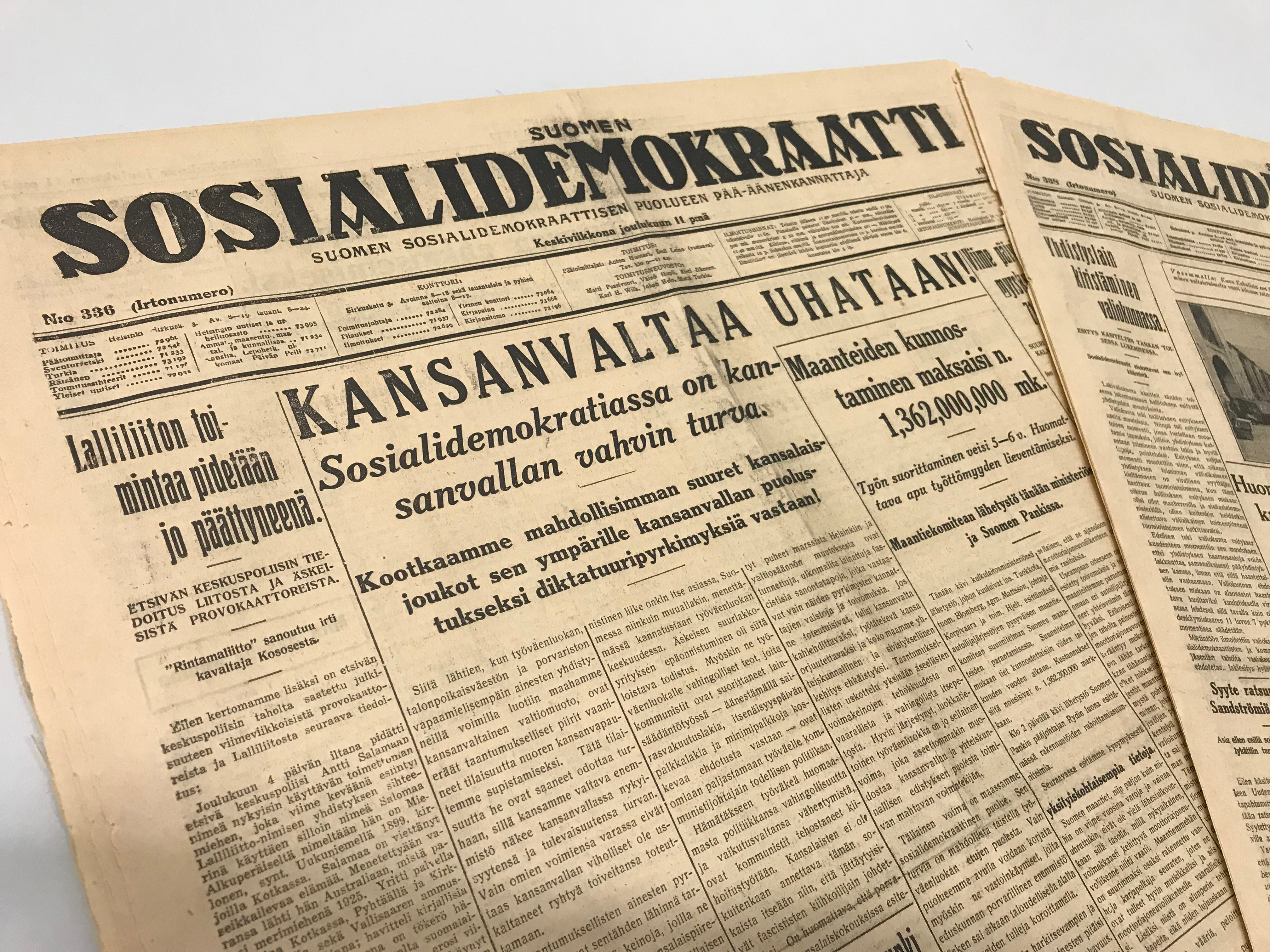 Suomen Sosialidemokraatti, etusivu 11.12.1929 / https://digi.kansalliskirjasto.fi/sanomalehti/binding/1314101?page=1