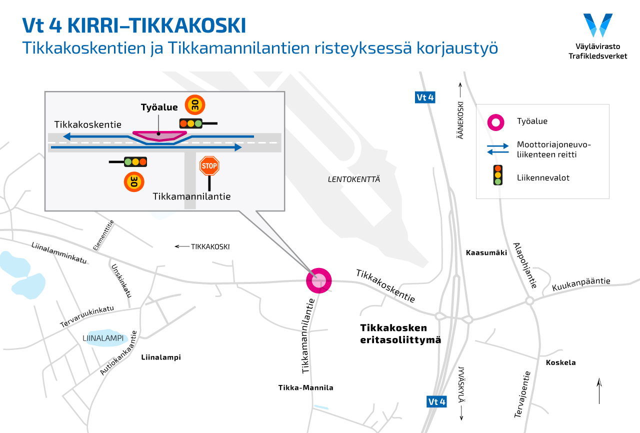 Karttakuva Tikkakoskentien ja Tikkamannilantien korjaustyön sijainnista.