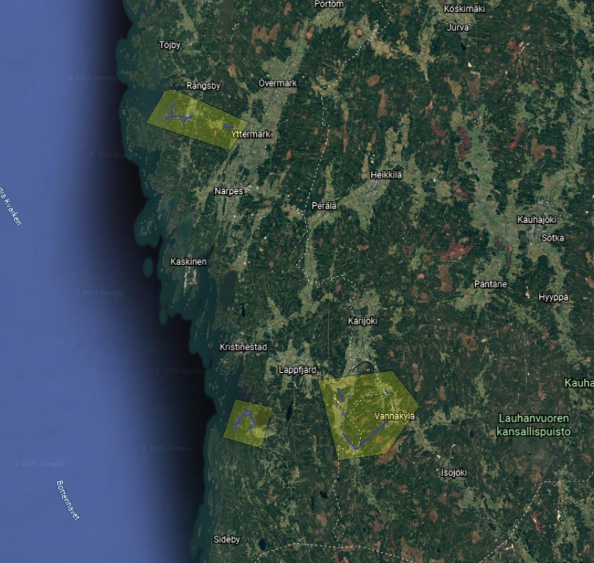 Helikopterisahauksen alueet näkyvät kartalla keltaisena. Kuva: Google.